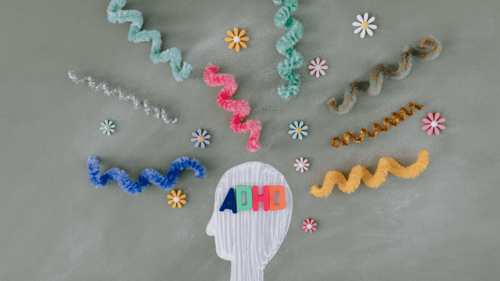 A head with the word adhd written on it surrounded by colorful yarn.